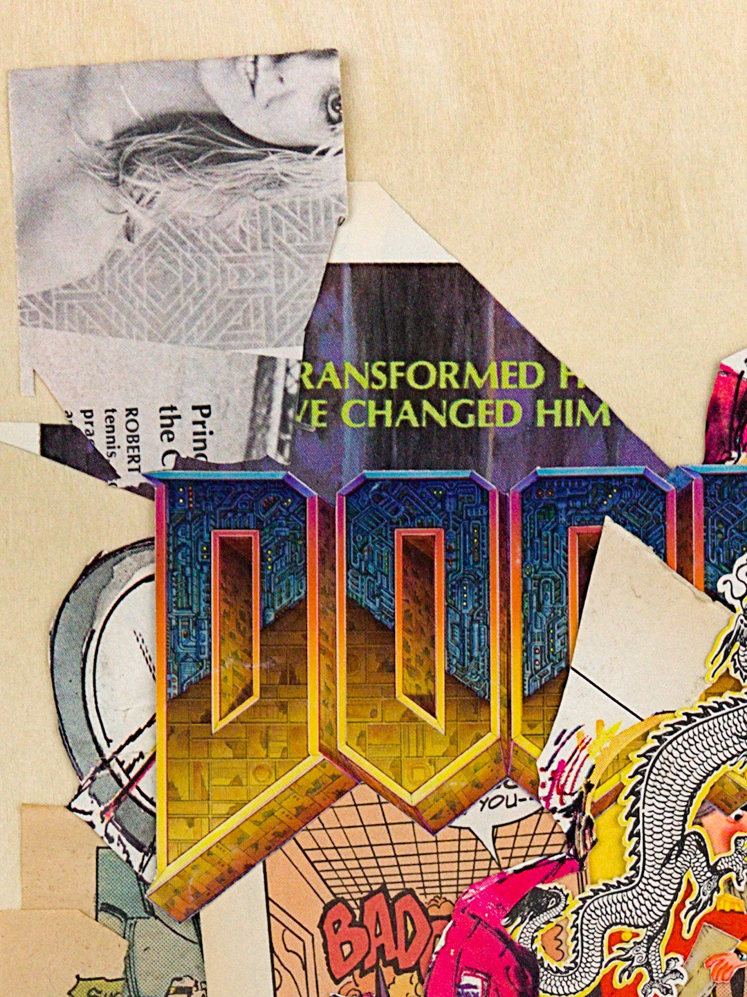 A detail from the upper-left, where a woman's face is cropped in a grayscale photo. Below that is a clipping with green text on a purple background including the words "transformed" and "changed him." The textured and dimensional Doom logo is prominent in this sector, with things getting much more chaotic on the lower edge.