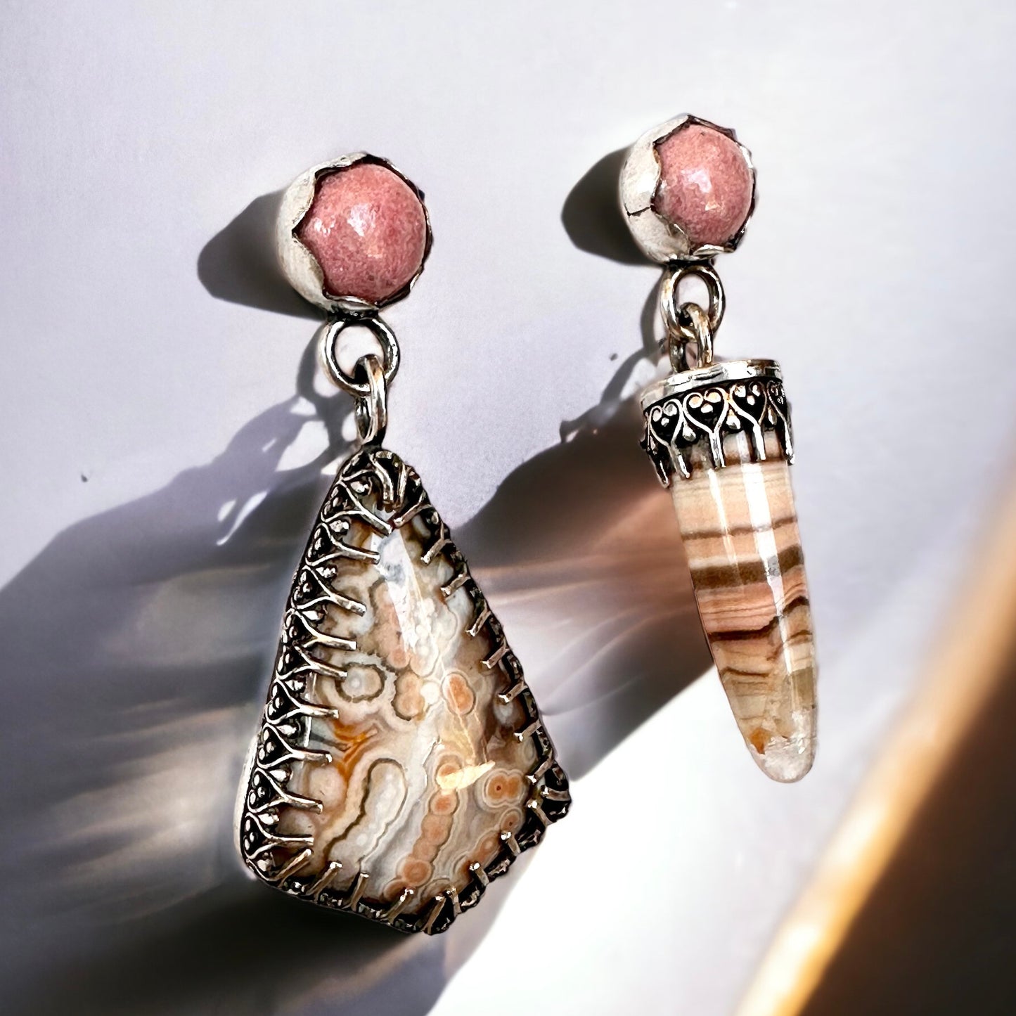 Boho Asymmetrical Pink Jasper and Sterling Silver Earrings