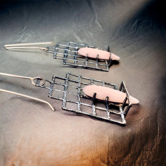 Geometric Steel Earrings with Pink Peruvian Opal