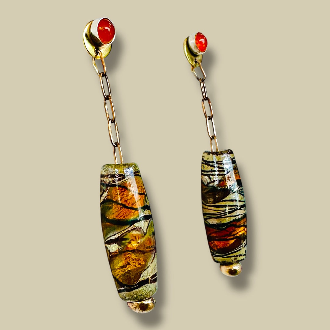 Orange Dichroic Glass and Bronze Earrings