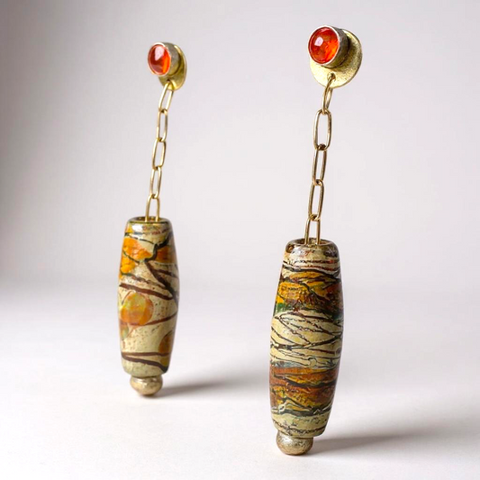 Orange Dichroic Glass and Bronze Earrings