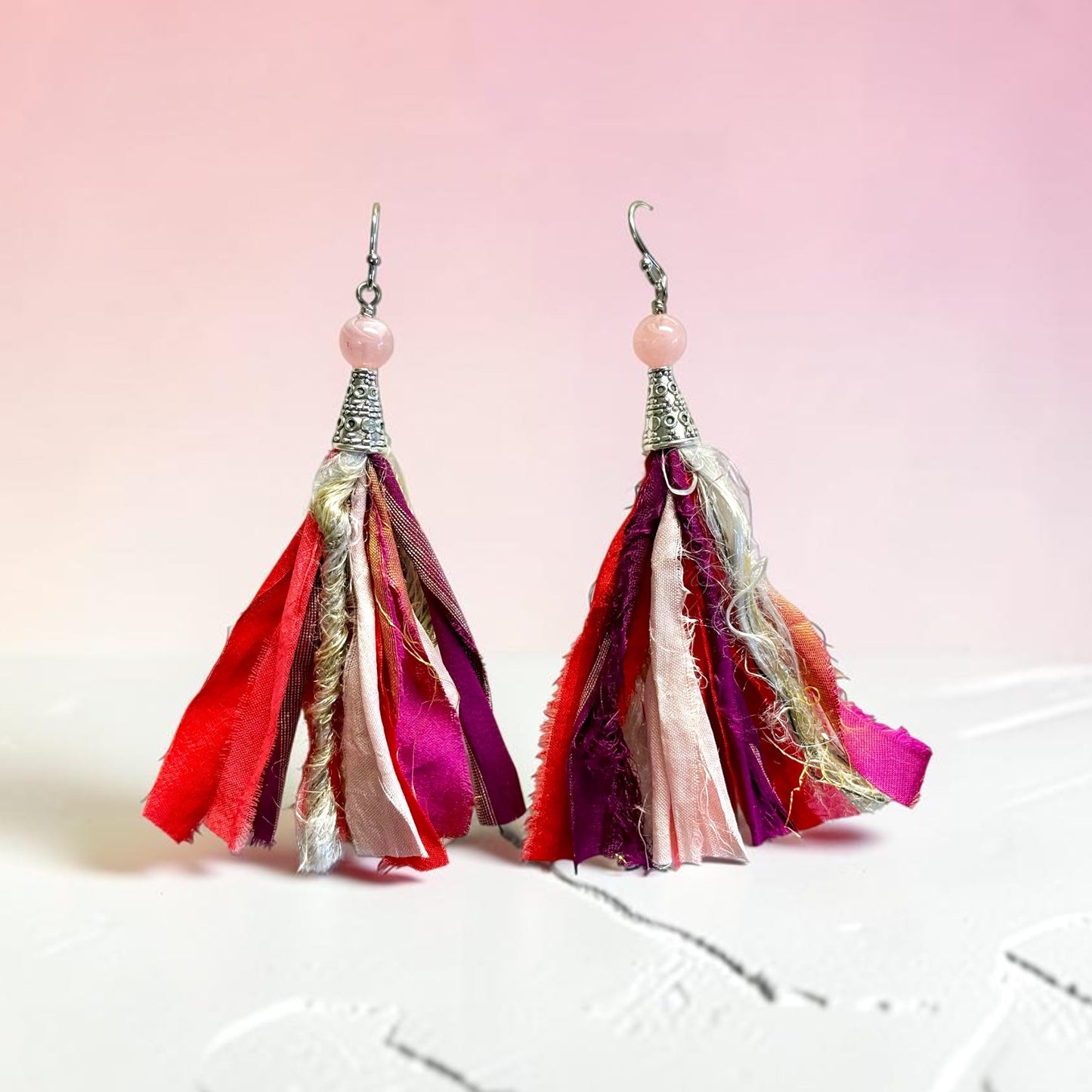Sari Ribbon Tassel Earrings - Pink