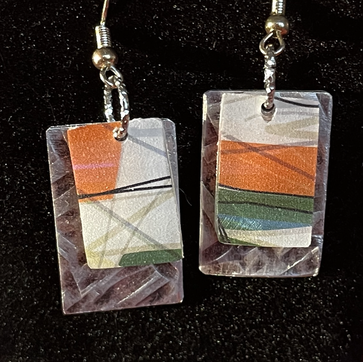 Patterned Aluminum Earrings with Acrylic Overlay Dangle