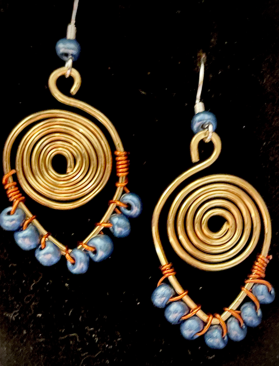 Brass Wire Earrings With Wrapped Beads