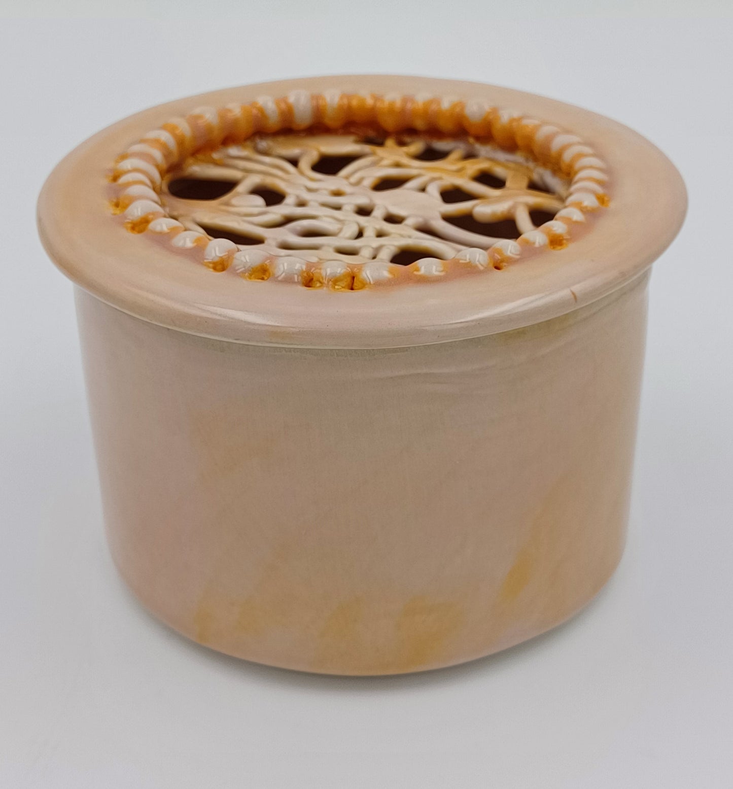 Round Orange Covered Jar With Lattice Lid