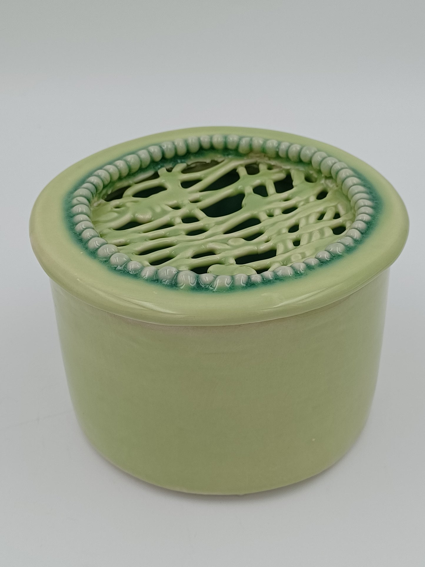 Round Green Covered Jar With Lattice Lid