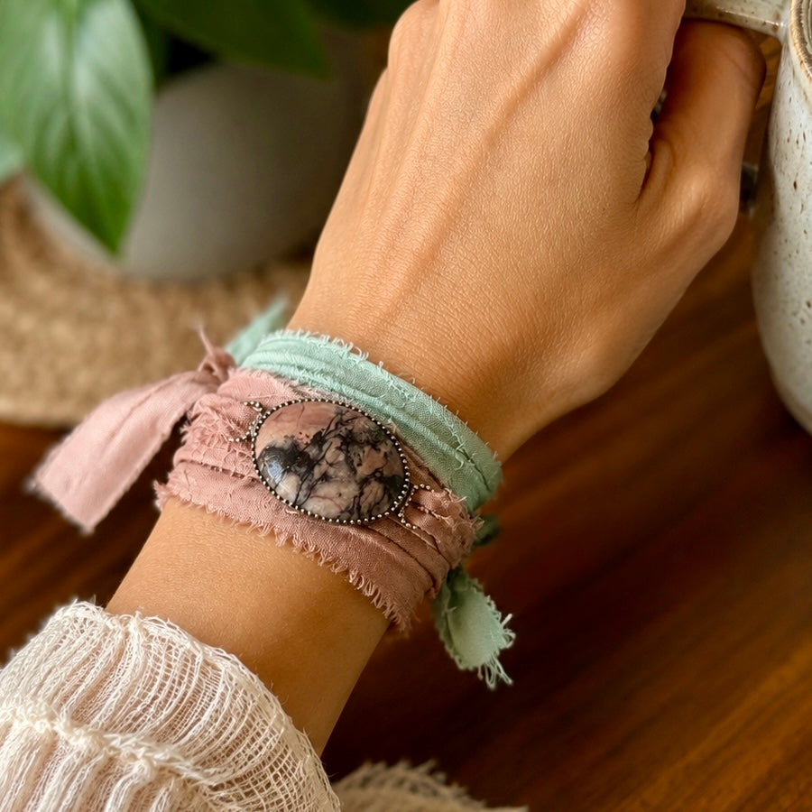 Sari Ribbon Wrap Bracelet - Pink Jasper