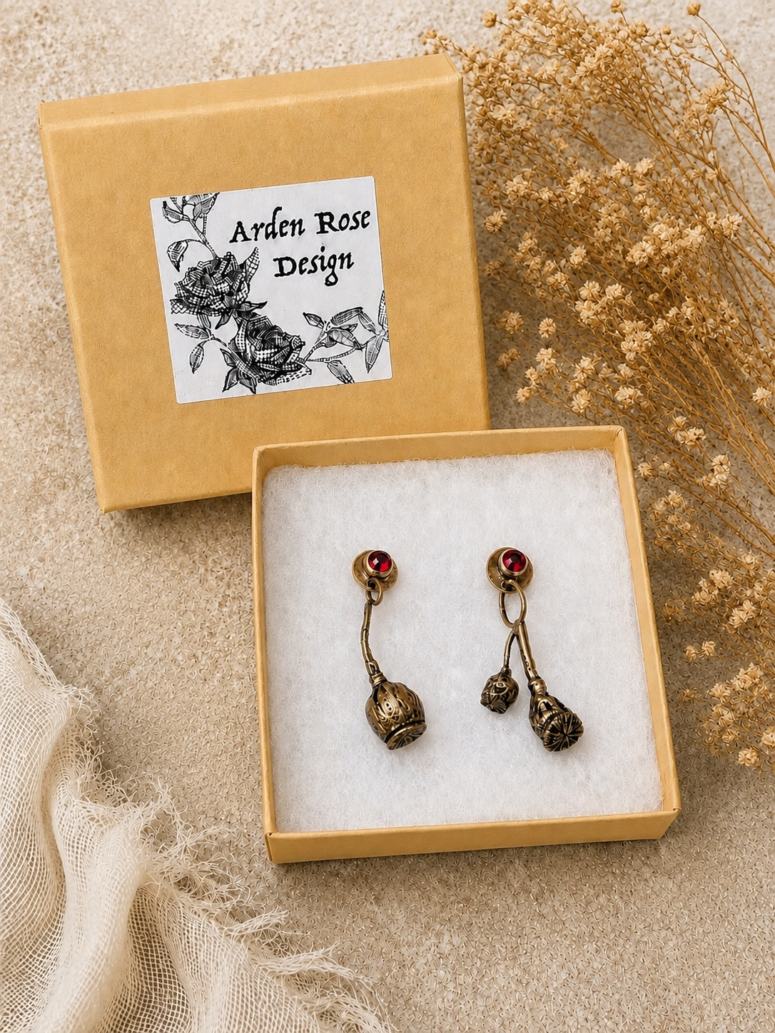 Bronze Poppy Pod Earrings with Garnets