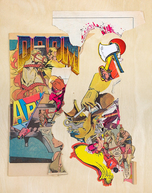 Chaotic tangles of imagery with a jagged, chevron-shaped rift running through the middle. On the left, a Roman soldier on horseback emerges from billowing flames, with the Doom video game logo behind him. The right side is more tangled, but features a Dr. Seuss beast and axe, a golden cutlass, a yellow-gloved hand gripping some reins, and another comic book panel of the Roman soldier.
Arcing above the rift in the top-right is a torn corner of white paper with some scratchy magenta and black marks.