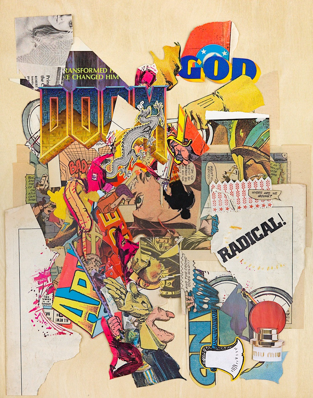 A sprawling flood of pop-art clippings with a lot of yellow, red, blue, and magenta with a few mossy greens. The mixture is violent and chaotic – the tumultuous climax of the series in which the tension has snapped and little can be saved from the carnage. Prominent clippings include the logo from the original DOOM video game, the Goodyear logo shortened to merely "GOD," and the word "RADICAL!" in bold black font on a large white section. The tightest texture is focused in a left-pointing chevron shape.