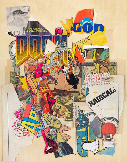 A sprawling flood of pop-art clippings with a lot of yellow, red, blue, and magenta with a few mossy greens. The mixture is violent and chaotic – the tumultuous climax of the series in which the tension has snapped and little can be saved from the carnage. Prominent clippings include the logo from the original DOOM video game, the Goodyear logo shortened to merely "GOD," and the word "RADICAL!" in bold black font on a large white section. The tightest texture is focused in a left-pointing chevron shape.