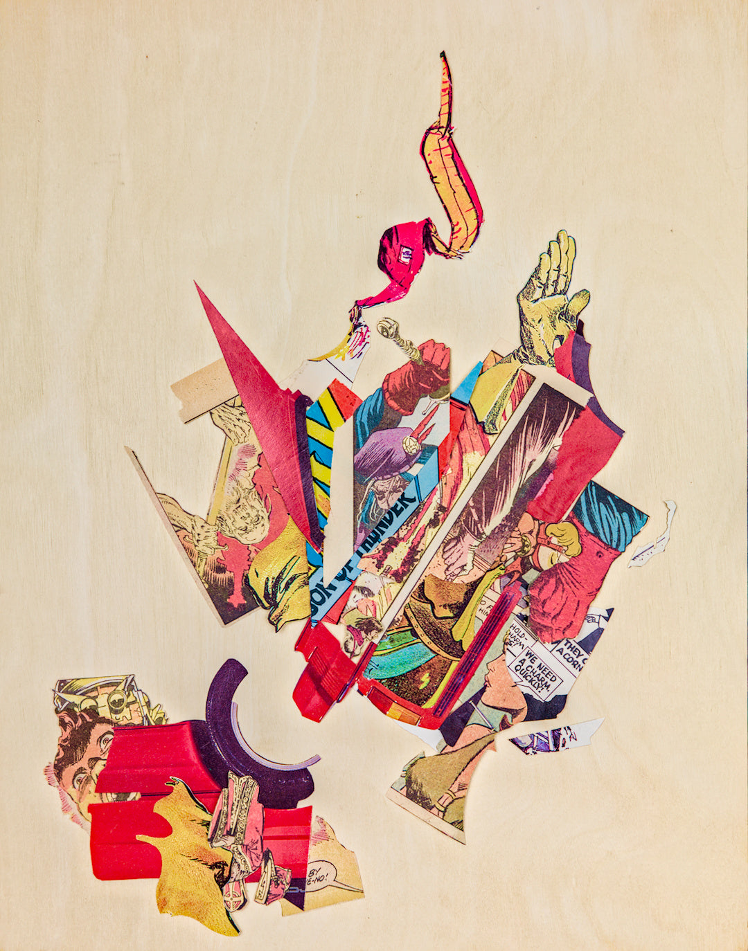 Chaotic, violent imagery from comic books is mixed with slivers of a red 1980s car and concentrated into clusters. The focus in the center is an irregular, angular shape that fans out from the concentric arcs of a tire in the lower left cluster. In the center of the frame is a man in blue and red wielding a sword gripped in his raised fist. A wisp of yellow and hot pink trails upward from the composition.