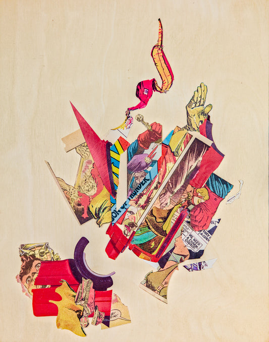 Chaotic, violent imagery from comic books is mixed with slivers of a red 1980s car and concentrated into clusters. The focus in the center is an irregular, angular shape that fans out from the concentric arcs of a tire in the lower left cluster. In the center of the frame is a man in blue and red wielding a sword gripped in his raised fist. A wisp of yellow and hot pink trails upward from the composition.