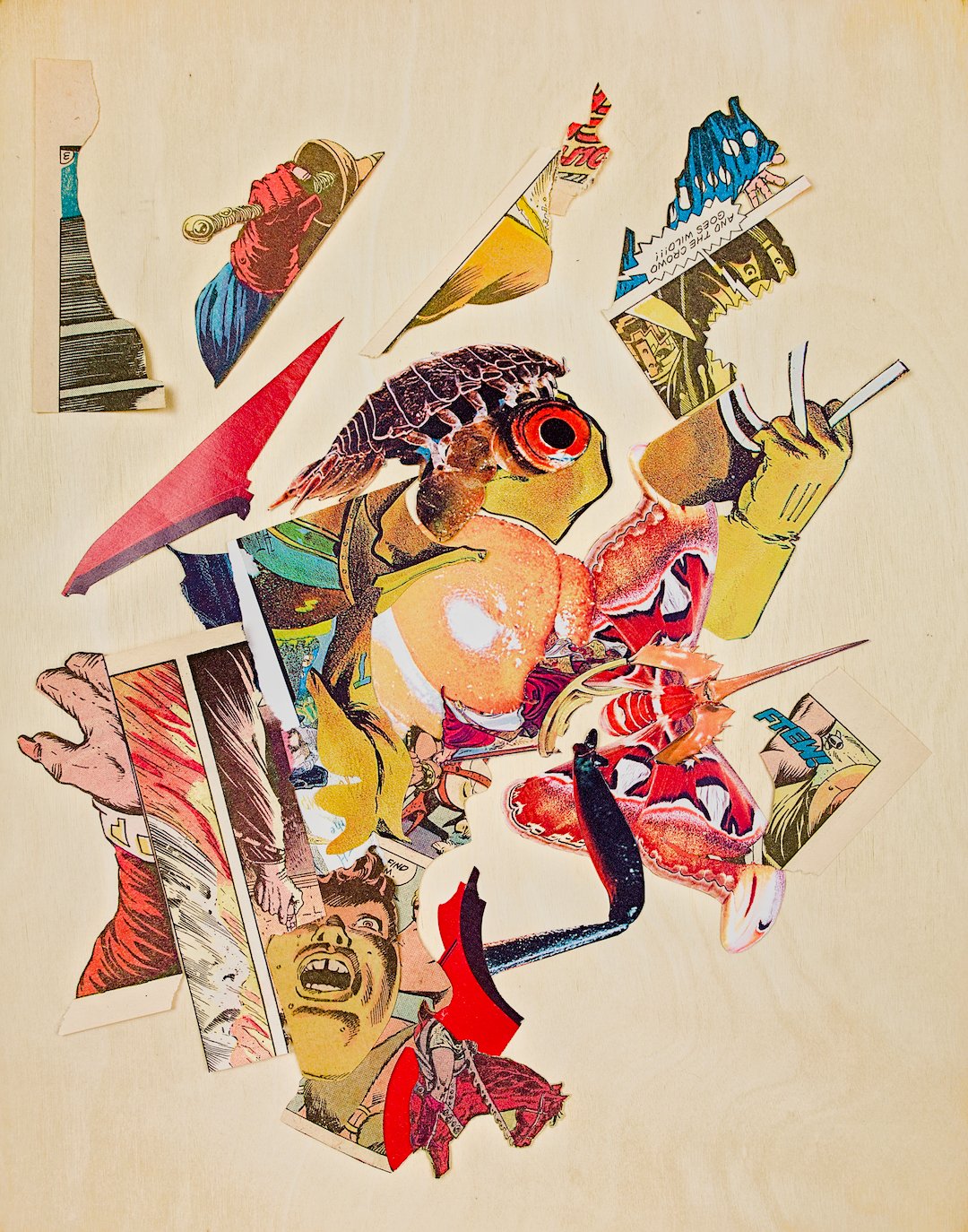 A chaotic tangle of imagery in mostly reds and yellows, with some pops of blue. There is the violence and angst that has been pervasive in the series, but there are now more insect and gastropod elements, including a moth with a spiky orange head taken from the tail of a horseshoe crab, a large red eye and some scales from some aquatic creature, and the bulbous yellow head of a grub.