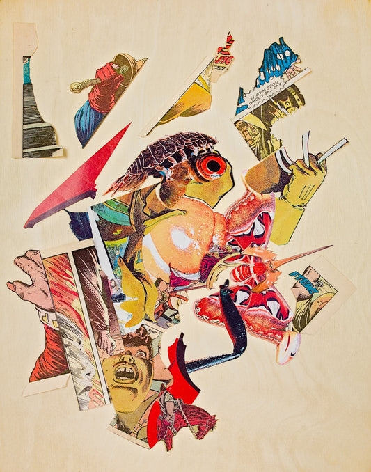 A chaotic tangle of imagery in mostly reds and yellows, with some pops of blue. There is the violence and angst that has been pervasive in the series, but there are now more insect and gastropod elements, including a moth with a spiky orange head taken from the tail of a horseshoe crab, a large red eye and some scales from some aquatic creature, and the bulbous yellow head of a grub.