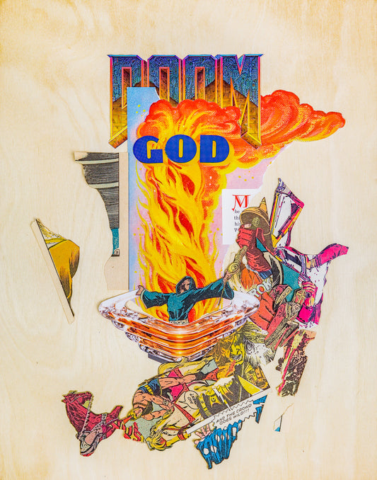 A pillar of flame dominated the center of the frame, erupting from behind a man in a blue cloak who is extending his arms and tilting his head back in reverie, clutching a dagger in one hand. He is surrounded by an inverted glass ziggurat which refracts an amber color from within. The fire twists upward from this vessel to the words "Doom God," then drift to the right in puffy orange plumes. The word "Doom" is the greebled, sci-fi logo from the 1993 video game, and "God" is in the Goodyear Tires font.