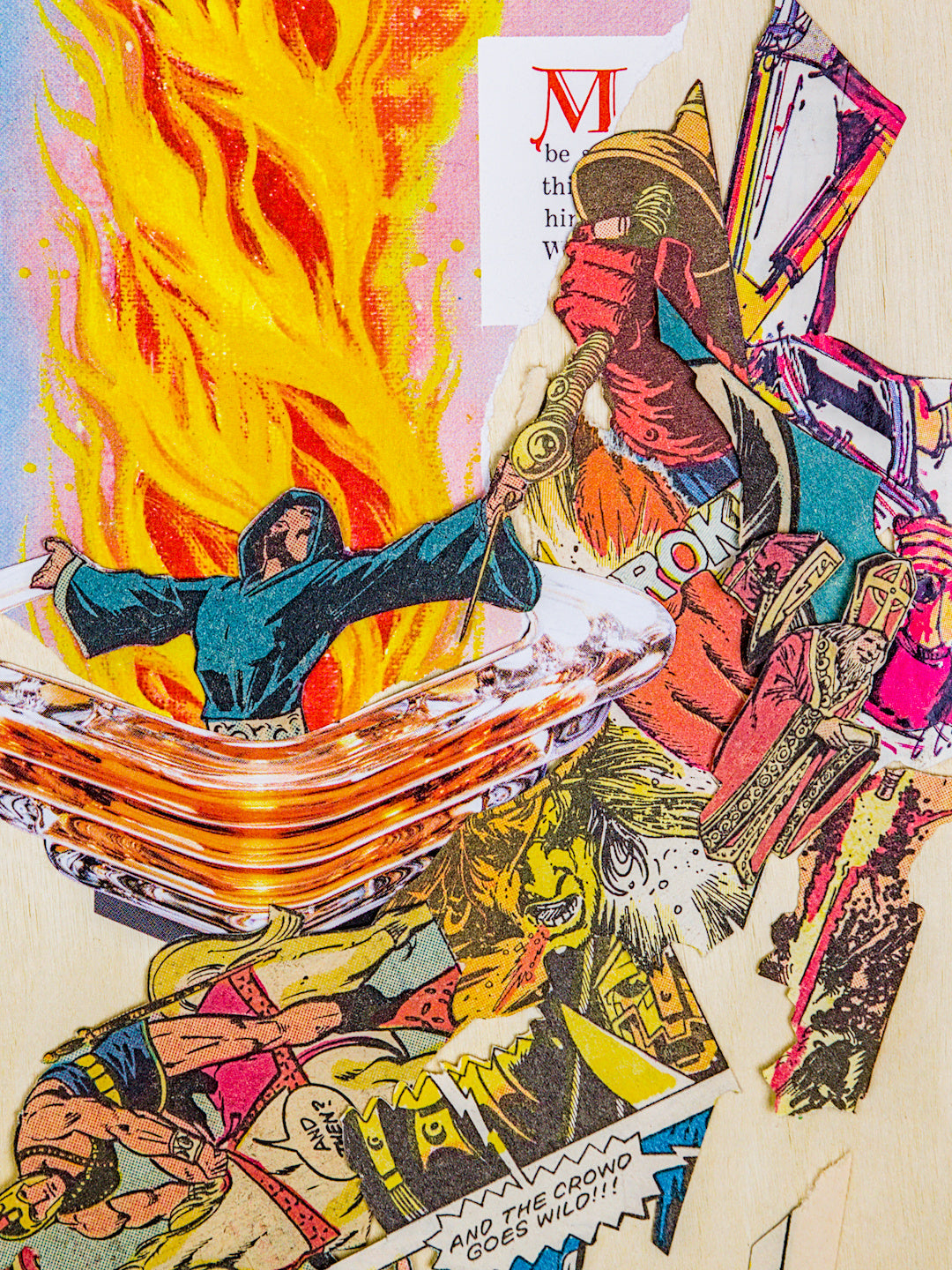 Arcing behind and below the cultist and his glass podium is a chaotic swath of violent imagery in red, blue, and yellow: There are fists clutching weapons or punching people, laser blasts, the  sawtooth edges of emphatic speech bubbles (one of which says "And the crowd goes wild!!!"), horses, a roman soldier, and a bishop.