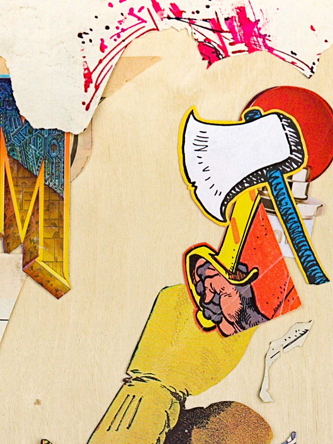 A detail from the upper-right, with a cartoony axe, a fist clenching a golden cutlass, The 'M' from Doom on the left, and abstract magenta and black ink marks above.