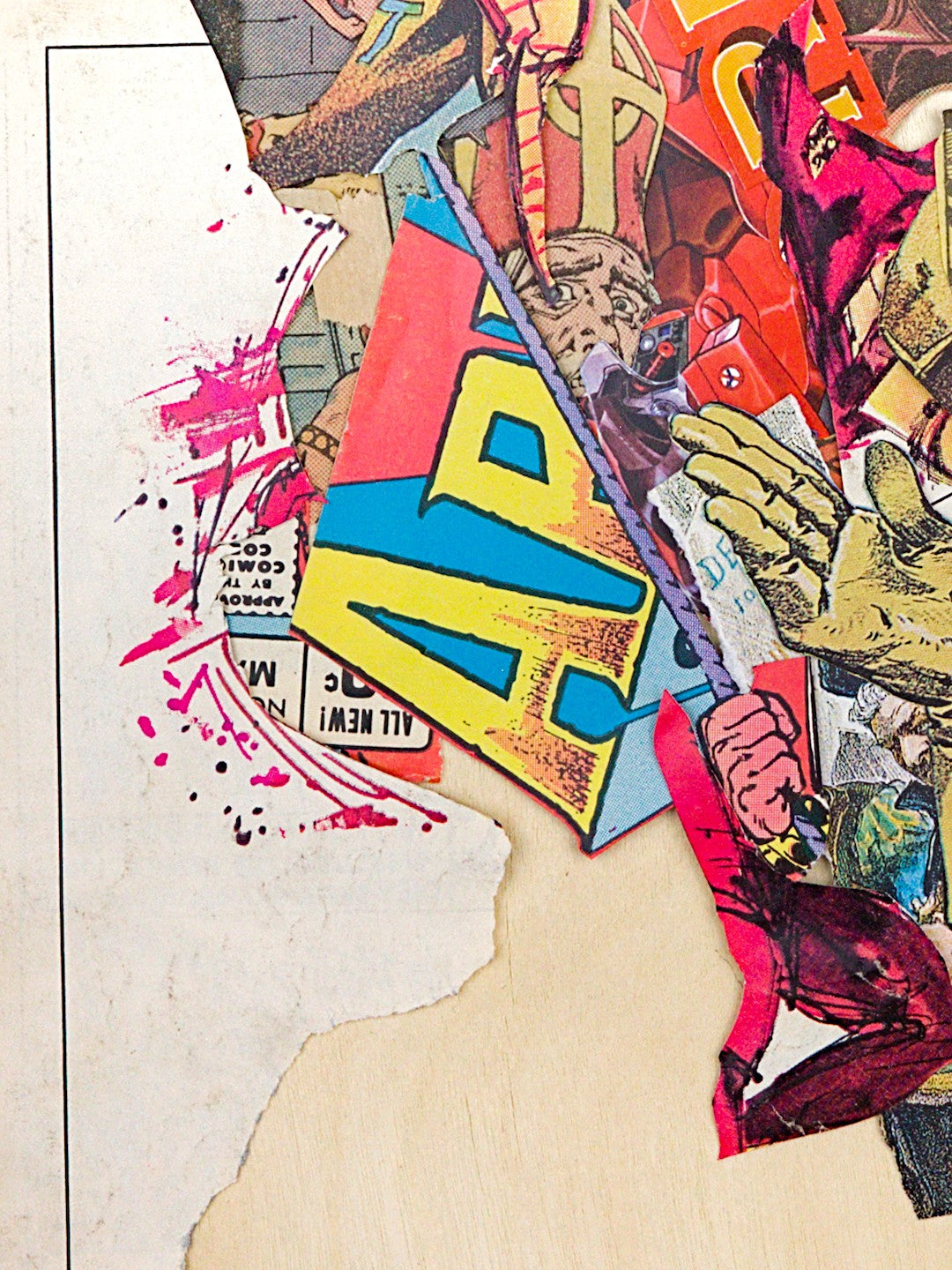 An extremely messy and layered cacophony of clippings floods in from the right and top edges, with a densely textured palette of red, yellow, and magenta, with bright blue accents. There is a significant amount of negative space on the left side of the frame, with the scratchy magenta and black ink strokes holding the flood at bay.