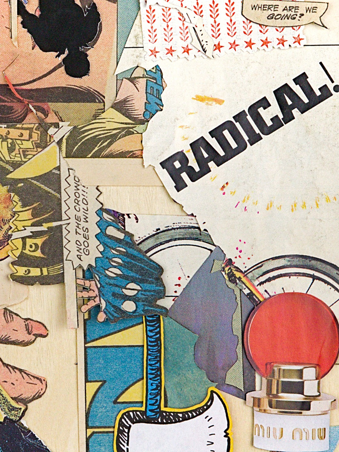 A still chaotic, but more spread out composition is pulled from the lower-right, with more blue than red accenting the yellow tones. There are few recognizable forms to latch onto which are not disrupted by other shapes, leaving a maze of ragged edges and wrinkled textures. The most eye-catching bit, however, is a diagonal word in bold slab-serif typography exclaiming "Radical!" Under it is the red disc on the top of a Miu Miu bottle of perfume layered on a section of bicycle tire – a rare moment of harmony