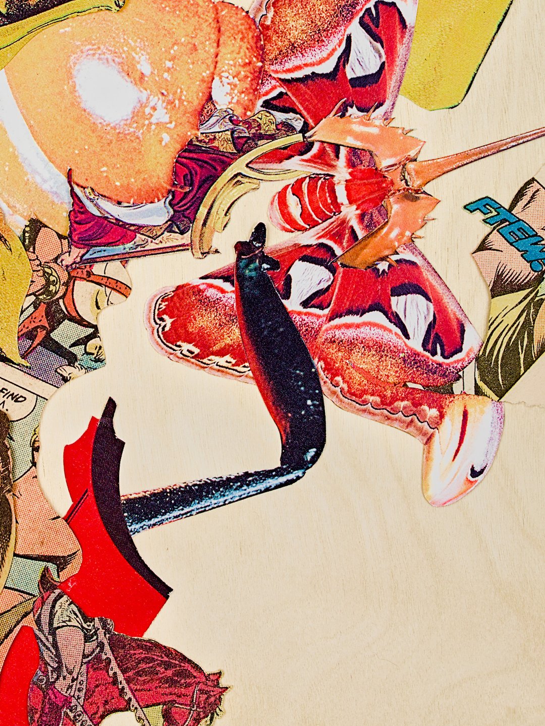 A detail from the middle, with the moth wings prominent, overlapped by the bent, black leg of a beetle that is reflecting red light on one side. This leg protrudes from behind a fragment of a red hot-rod in the lower-left, and chaotic clippings arc from there, along the left edge of the frame, and above. The moth's anatomy has been augmented with the tail end of a horseshoe crab, forming a fearsome, sharp proboscis and spiky armor. The action word "FTEW!" is visible on the right side, in blue-green.