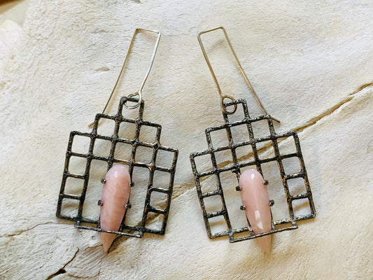 Geometric Steel Earrings with Pink Peruvian Opal