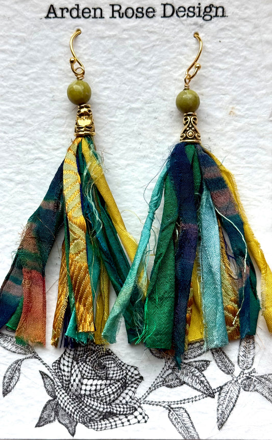 Sari Ribbon Tassel Earrings - Green