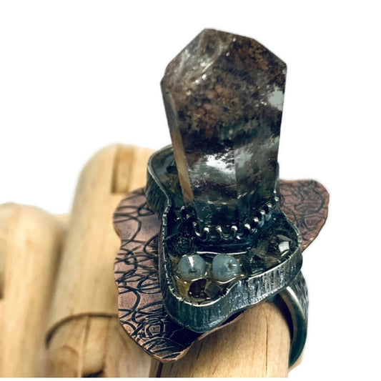 “Shaman” Crystal Adjustable Ring with Sterling Silver, Copper & Swarovski Crystal