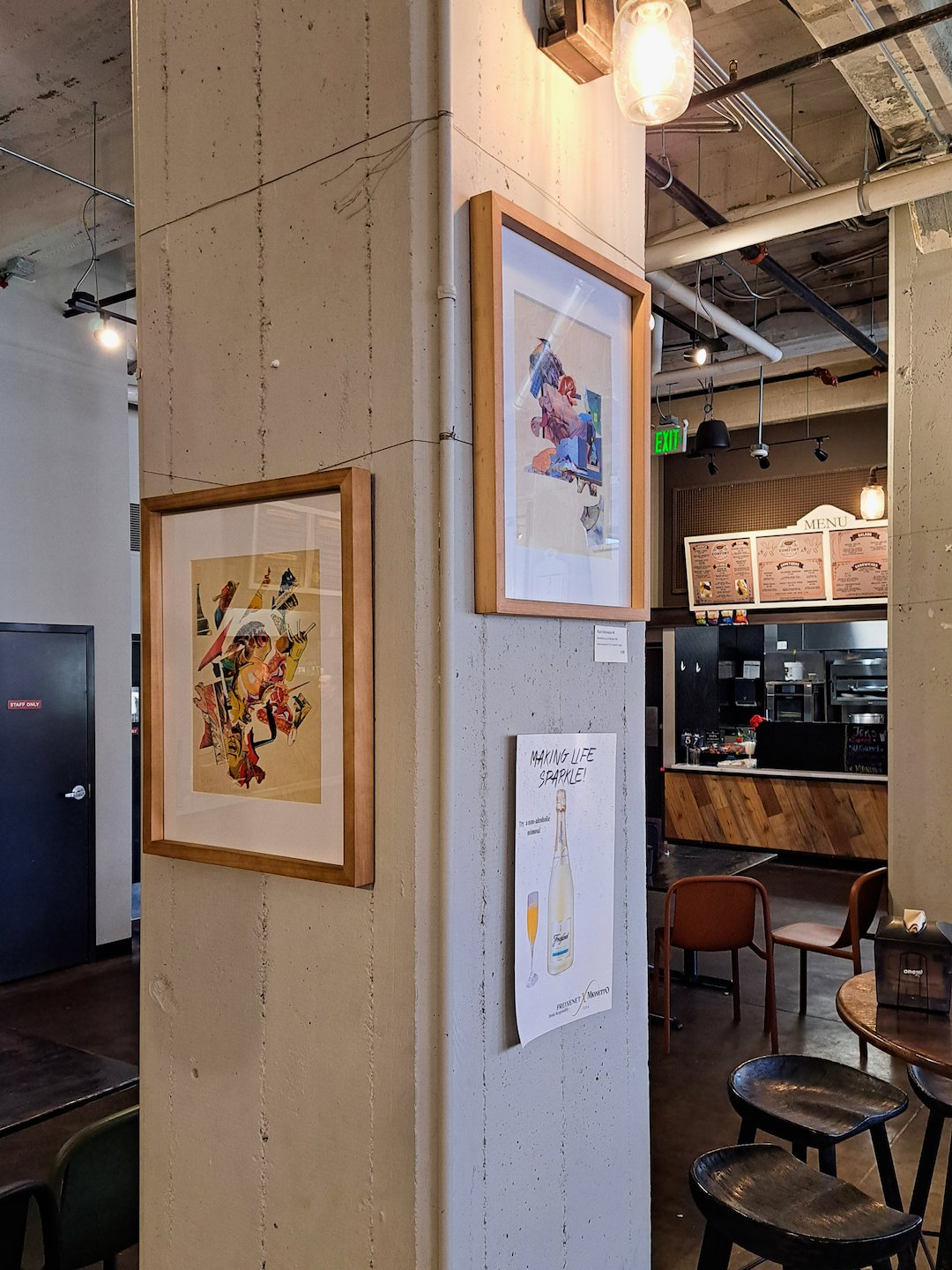 The work on display, hanging on a concrete pillar in a wooden frame (left side). On the right side of the pillar is Placid Deformation #4.