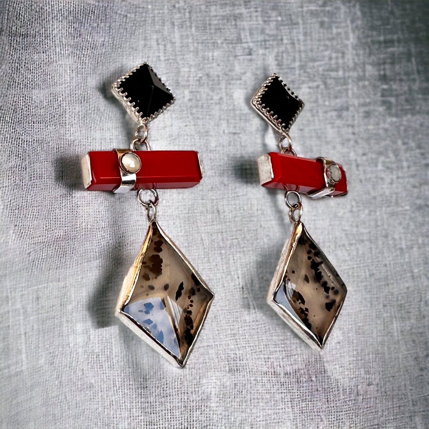 Red, Black and White Geometric Sterling silver earrings