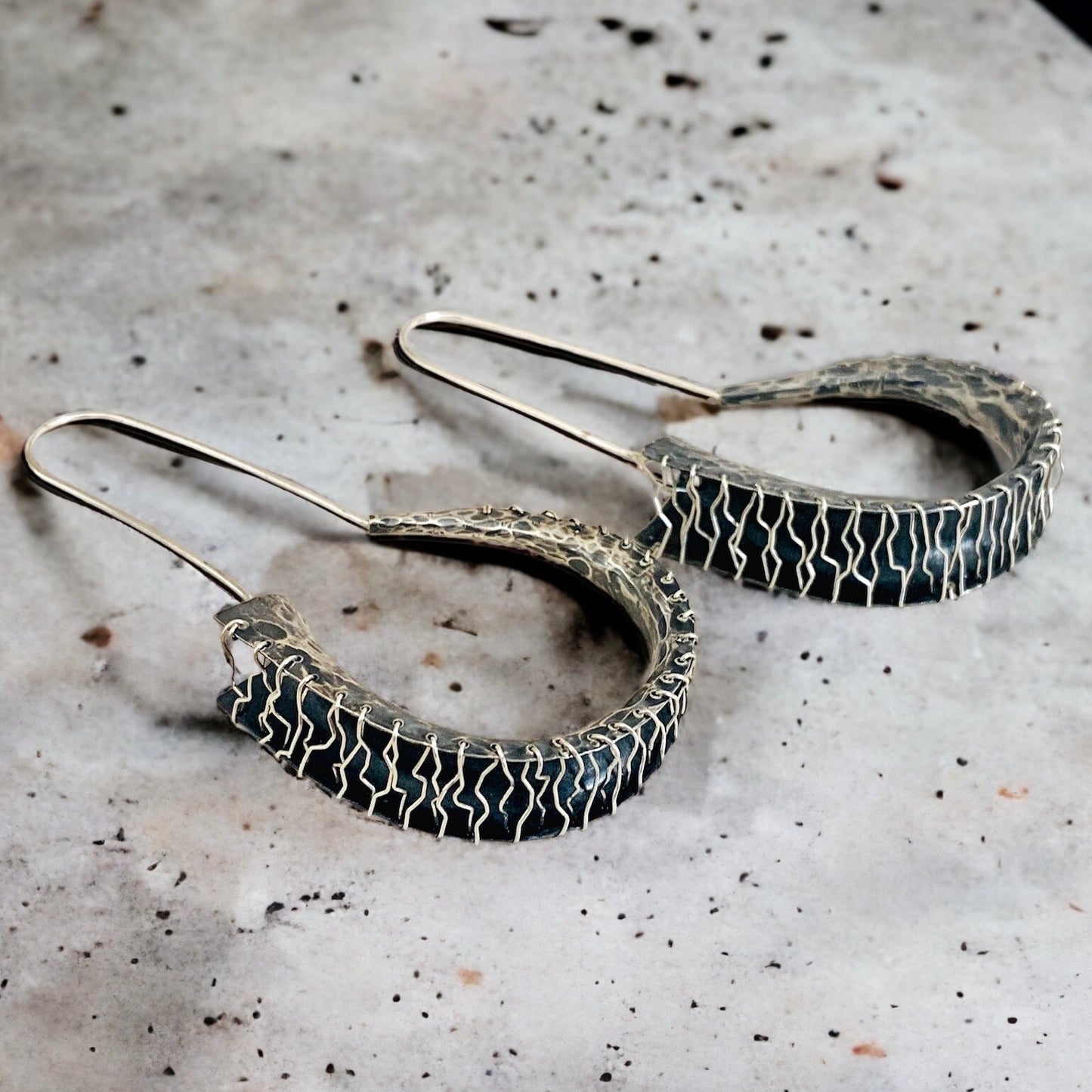 Contemporary Hammered & Sewn Sterling Silver Hoop Earrings