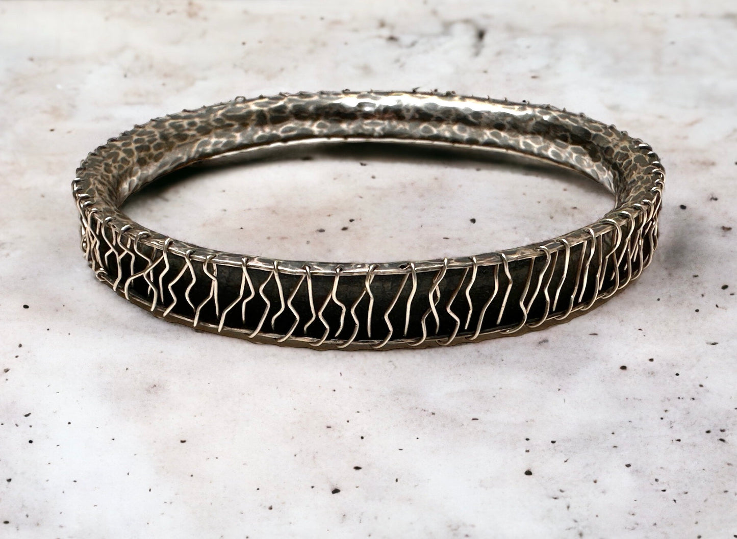 Contemporary Hammered & Sewn Sterling Silver Bracelet