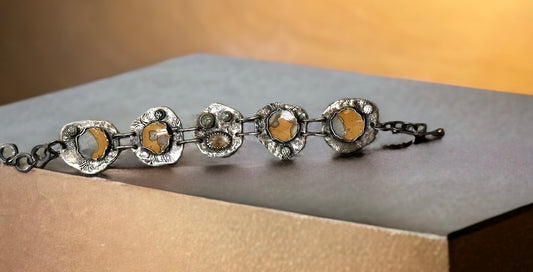 Boho Reticulated Sterling Silver Adjustable Bracelet with Blue Topaz, Golden Rutilated Quartz & Broken Vase Pieces