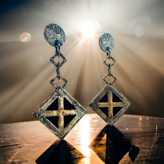 “Golden Cross” Steel Earrings with Gold & White Bronze