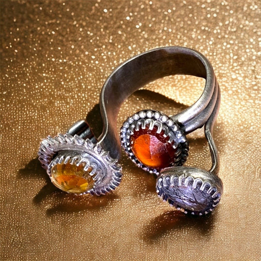 “Autumn Passion” Adjustable Ring with Red Hessonite, Citrine & Black Rutile Quartz Gemstones