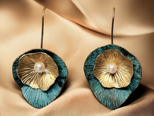 “ Pearl Lily” sculptural bronze earrings