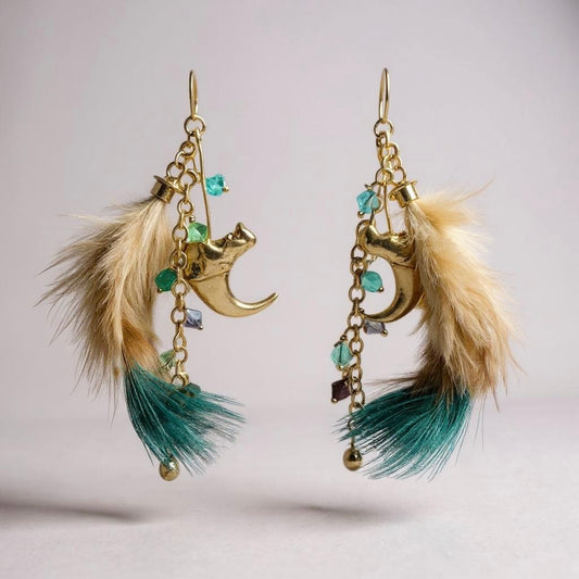 Bob Cat Claw and Peacock Feather, Bronze Earrings