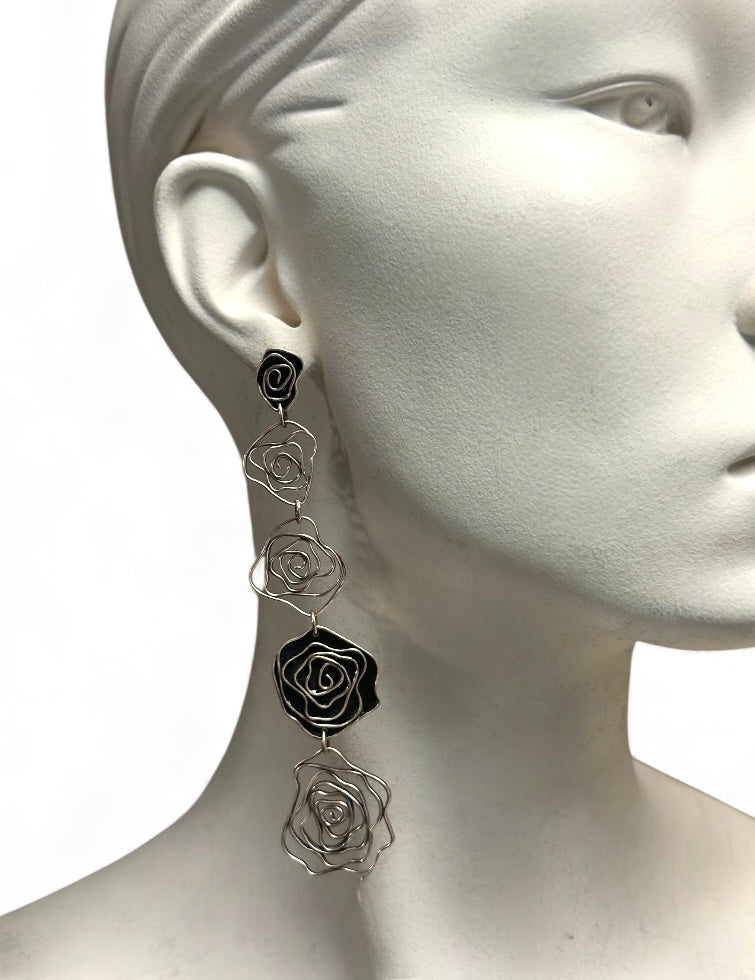 Long Rose Dangle Earrings in Golden Bronze