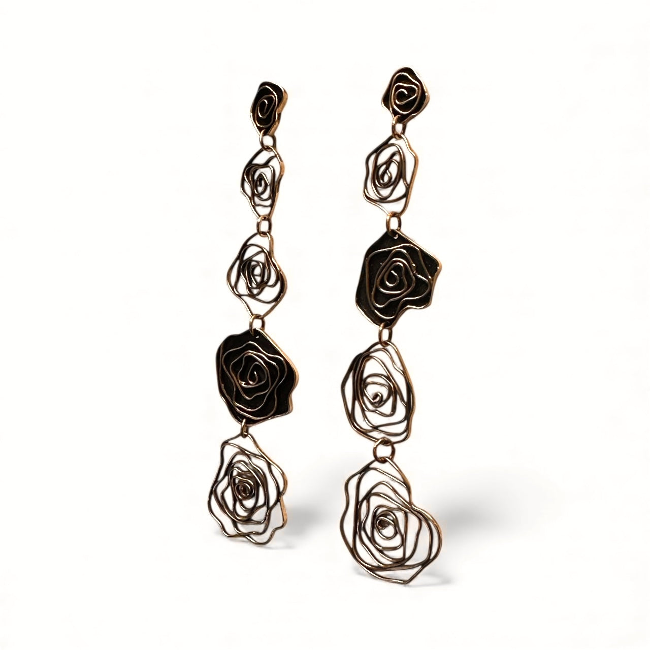 Long Rose Dangle Earrings in Golden Bronze