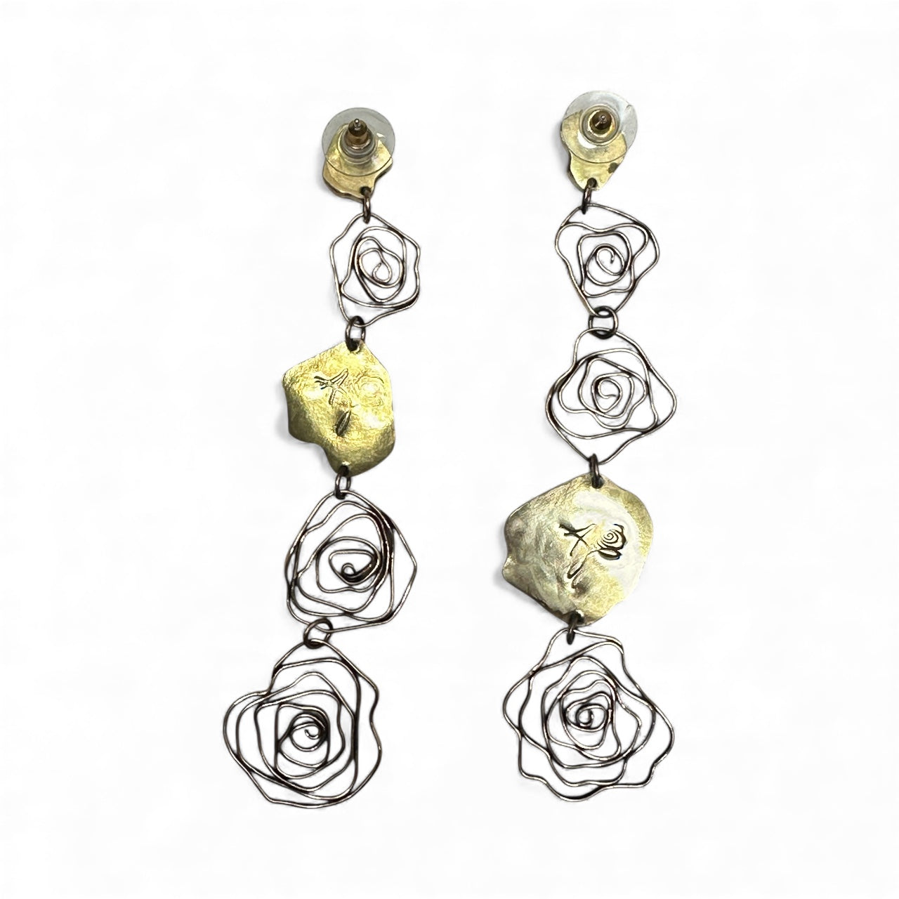 Long Rose Dangle Earrings in Golden Bronze