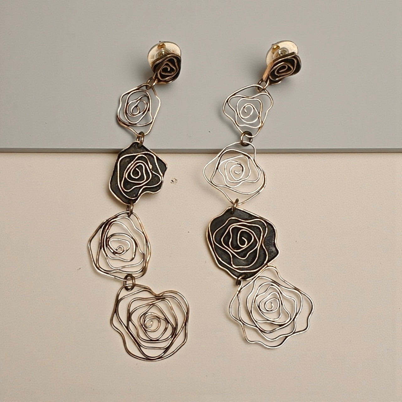 Long Rose Dangle Earrings in Golden Bronze