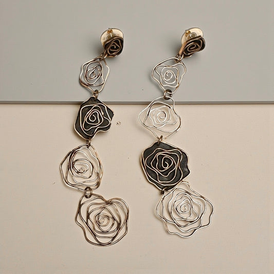 Long Rose Dangle Earrings in Golden Bronze