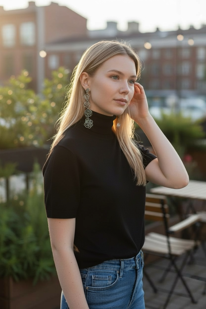 Long Rose Dangle Earrings in Golden Bronze