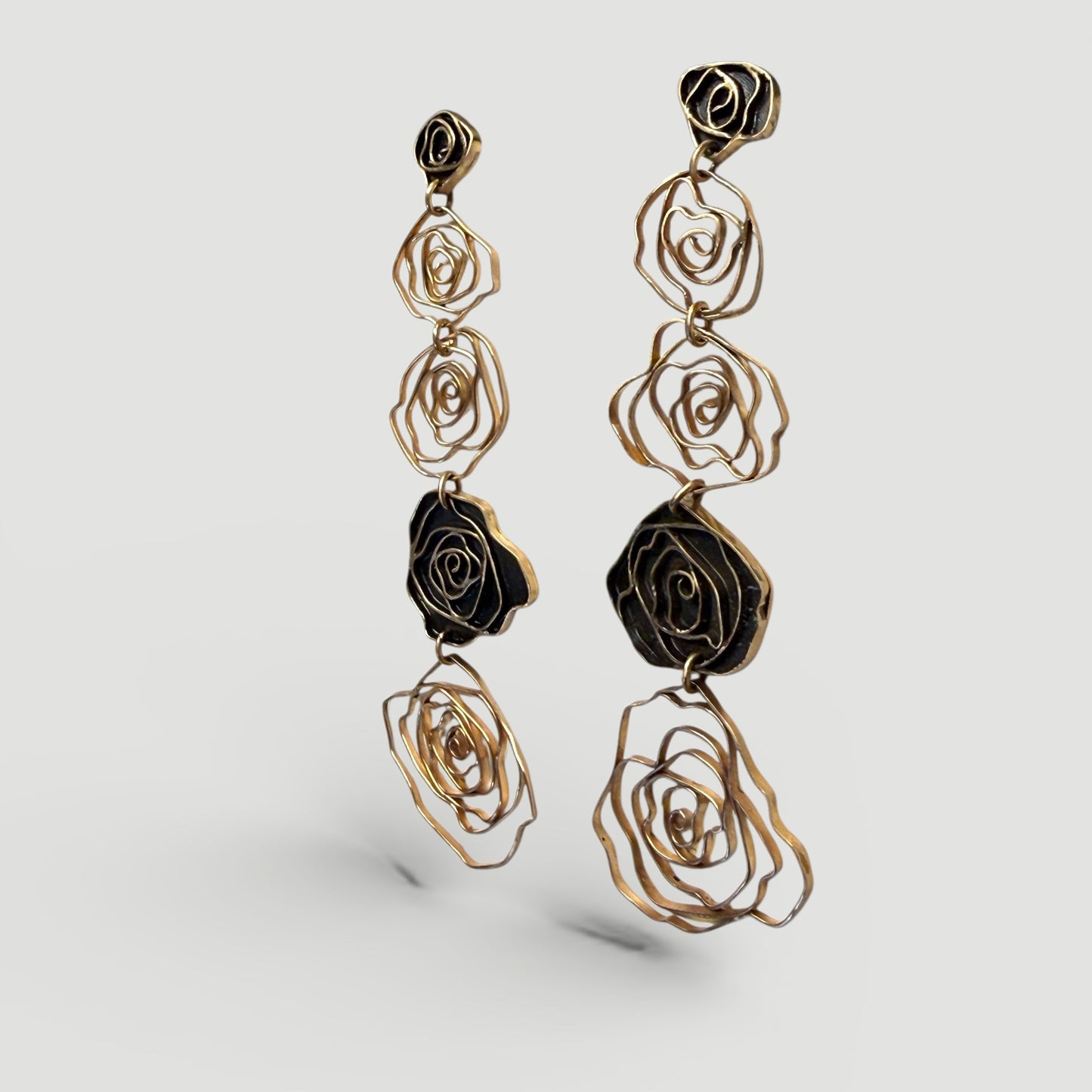 Long Rose Dangle Earrings in Golden Bronze II