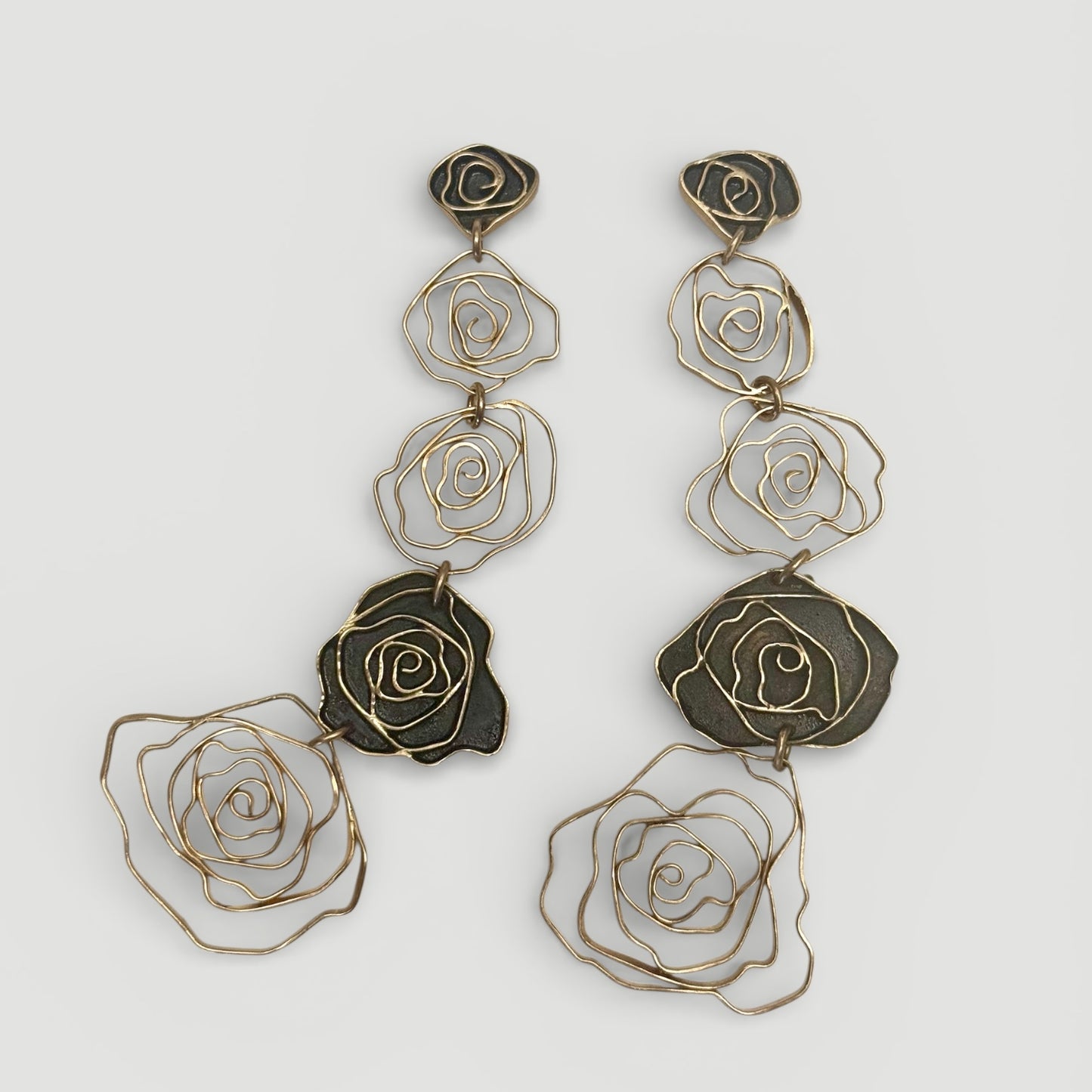 Long Rose Dangle Earrings in Golden Bronze II
