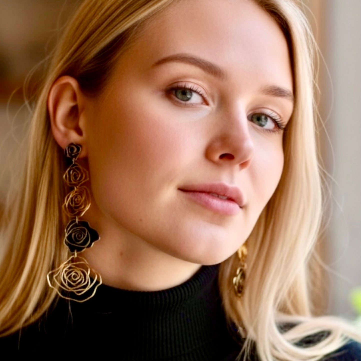 Long Rose Dangle Earrings in Golden Bronze II