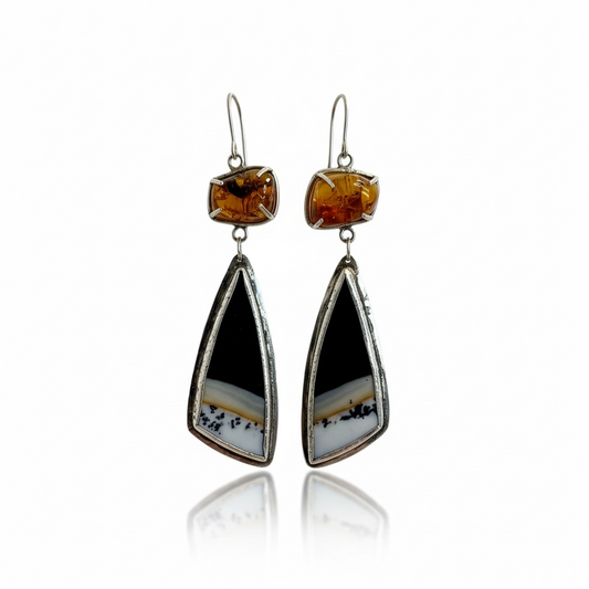 Desert Night Earrings Featuring Mexican Agate and Amber
