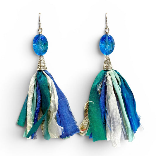 Sari Ribbon Tassel Earrings - Blue