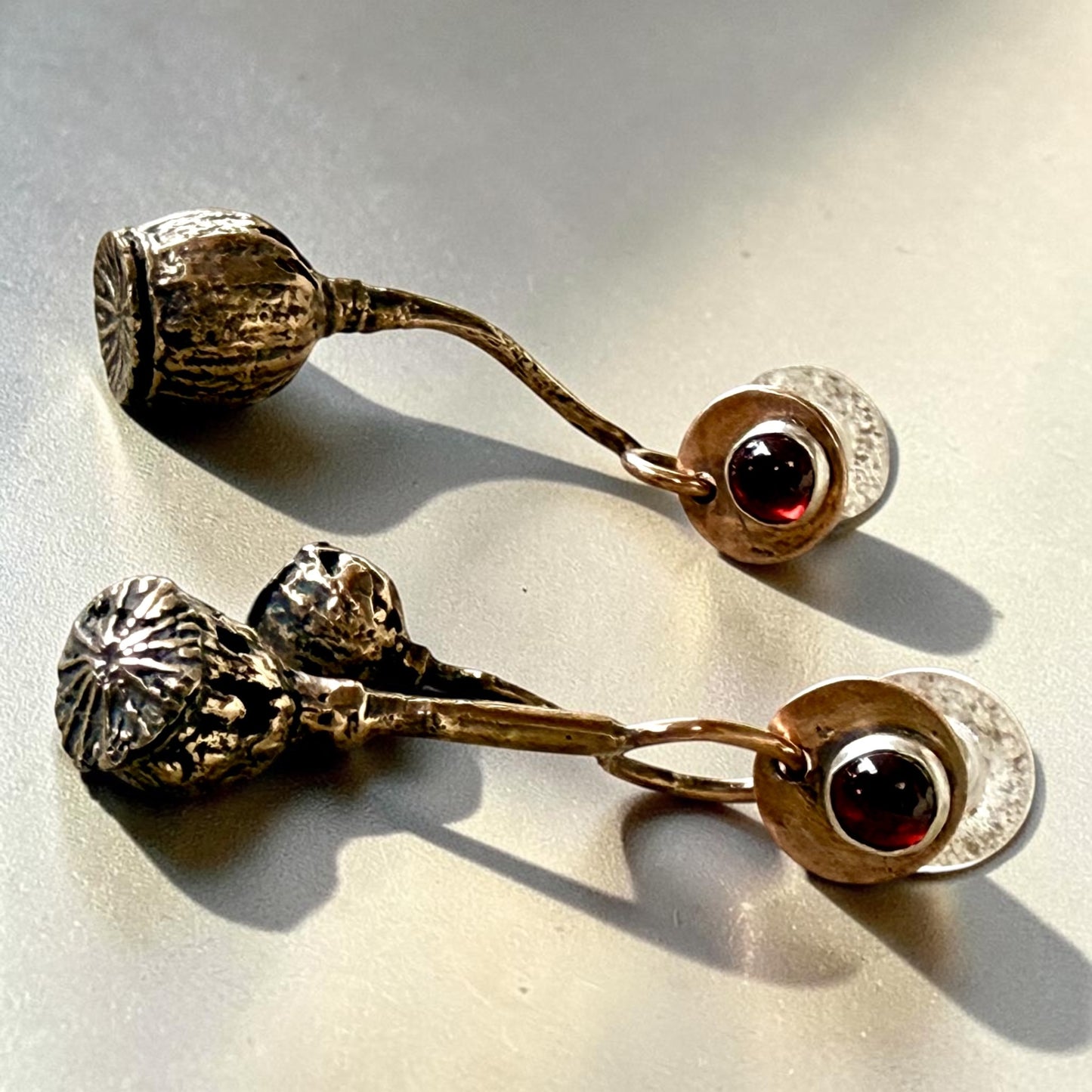 Bronze Poppy Pod Earrings with Garnets