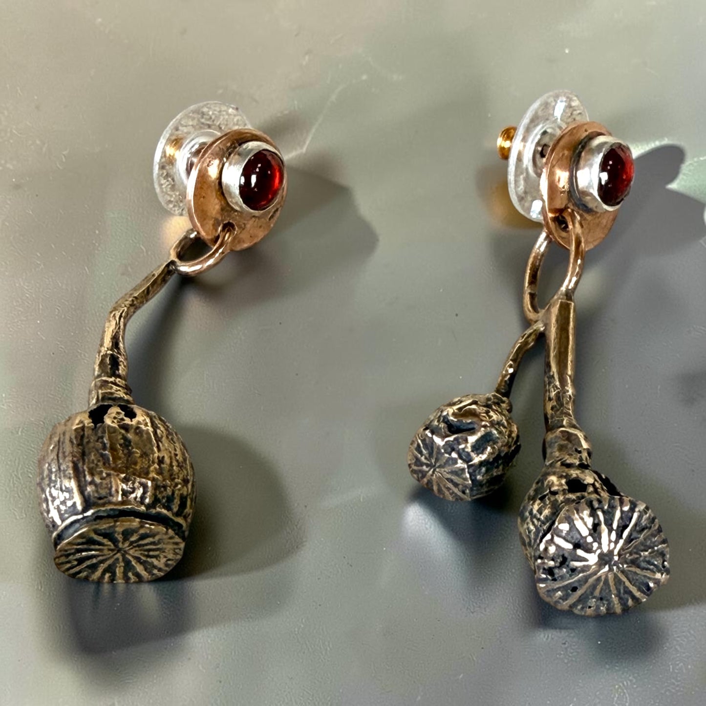 Bronze Poppy Pod Earrings with Garnets